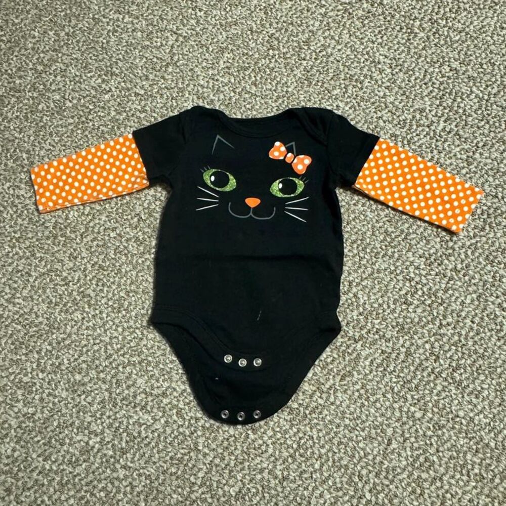 Baby Girl Black Cat Halloween Bodysuit Orange Polka Dot 3-6 Months